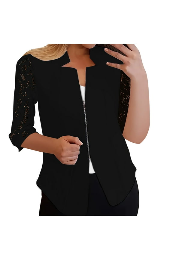 Warm Jackets for Women Solid Color Long Sleeve Zip Up Lace Hollow Out Shirt Versatile Small Suit Loose Casual Outerwear Ladies Jackets Fall Winter