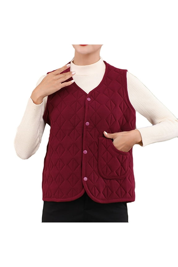 Warm Vest for Women Solid Color Long Sleeve Round Neck Button Down Coat Wadded Jacket With Pockets Loose Casual Outerwear Fall Winter Ladies Jackets