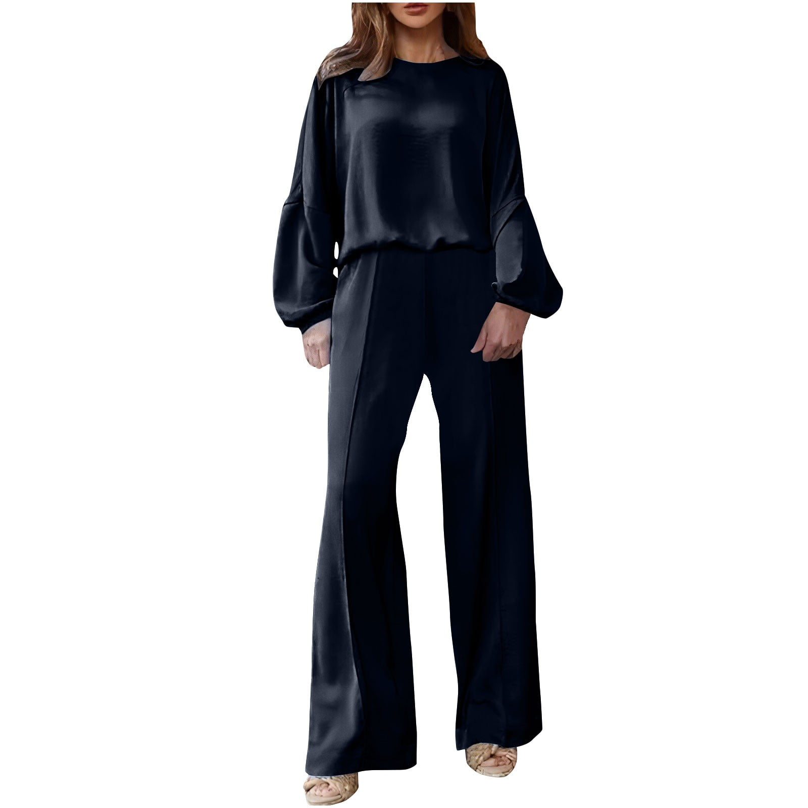 Round-Neck Long Sleeve Top and Wide-Leg Pants Set