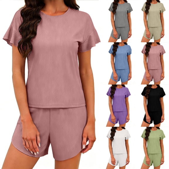 SuDongPo Women's 2 Piece Summer Pajama Set Cute Pjs Sets Ribbed Ruffle Short Sleeve Crewneck Tee and Elastic Waist Shorts Sleepwear