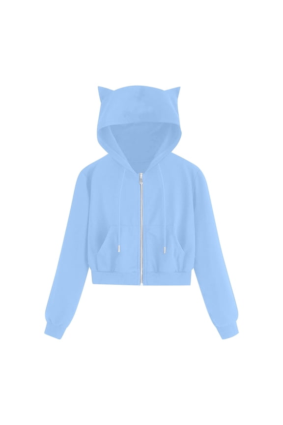 Women's Cat Ear Hoodie Zip Up Crop Top Long Sleeve Sweatshirts Casual Coat Solid Color Fall Winter Fashion Outerwear 2024