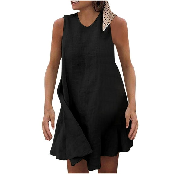 SuDongPo Women's Ruffle Hem Sleeveless Tank Dress Round Neck Casual Smock Summer Mini Dresses Loose Fit Fashion Trendy Dressy Solid Color Tunic Dress
