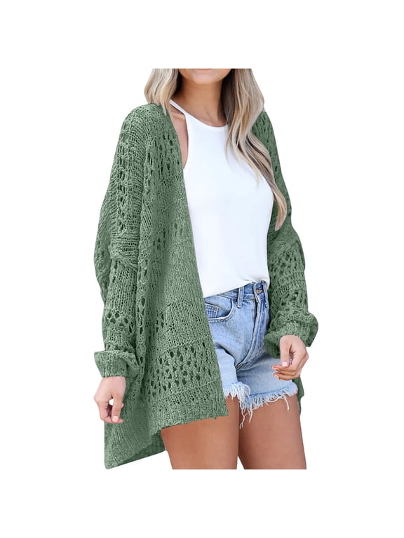Women's Warm Cardigan Jacket Solid Color Long Sleeve Round Neck Knitted Trendy Hollowed Out Mid-length Jackets Loose Casual Outerwear Fall Winter Ladies Jackets