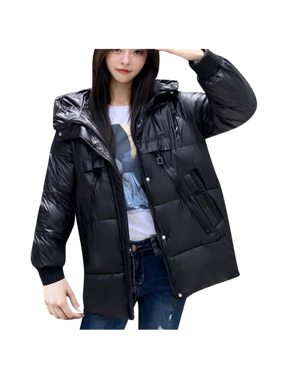 Women's Warm Coat Solid Color Long Sleeve Hooded Neck Zip Up Waterproof Padded Quilted Coat Casual Loose Outerwear Ladies Jackets Fall Winter
