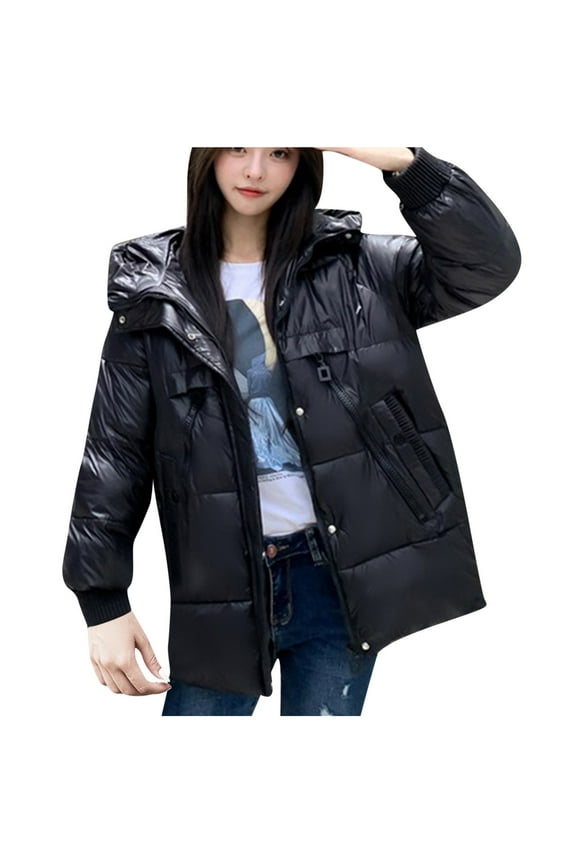 Women's Warm Coat Solid Color Long Sleeve Hooded Neck Zip Up Waterproof Padded Quilted Coat Casual Loose Outerwear Ladies Jackets Fall Winter