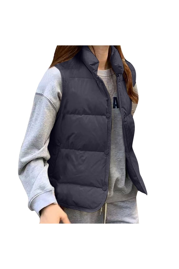 Women's Warm Coat Solid Color Loose Casual Outerwear Ladies Jackets Fall Winter Sleeveless Standing Collar Zip Up Waterproof Padded Quilted Coat