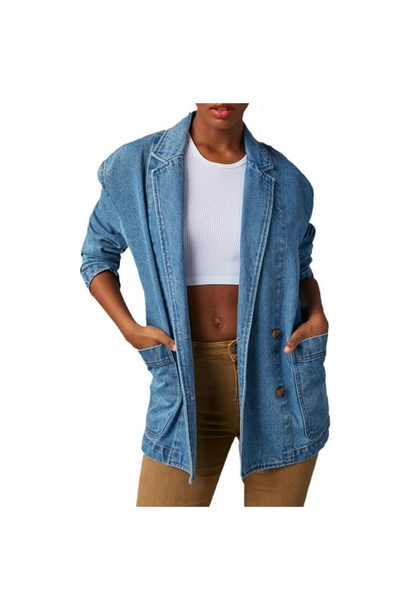 Women's Warm Denim Jackets Solid Color Long Sleeve Lapel Collar Trendy Button Pocket Denim Coat Loose Casual Outerwear Fall Winter Ladies Jackets