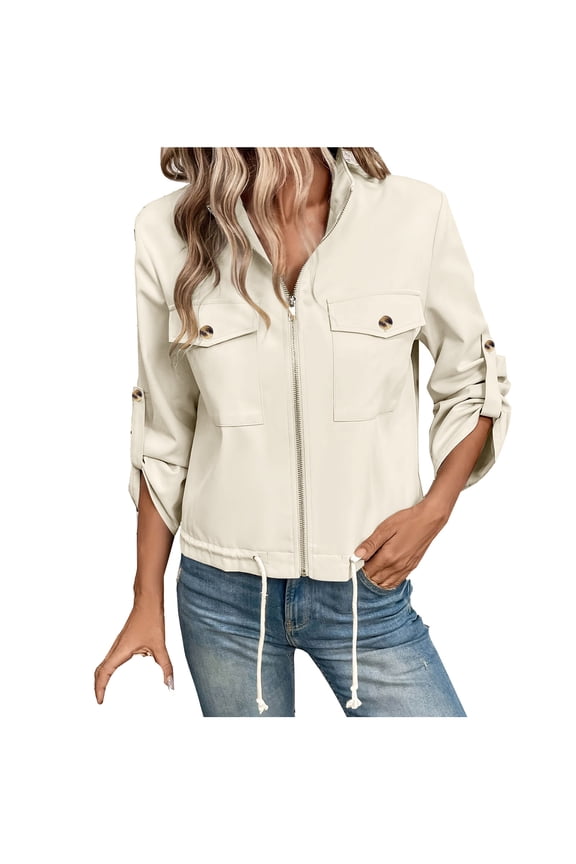 Women's Warm Jackets Solid Color Long Sleeve Standing Collar Zip Up Drawstring Pocket Business Work Jacket Casual Loose Outerwear Ladies Jackets Fall Winter