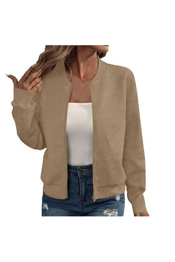Women's Warm Jackets Solid Color Loose Casual Outerwear Ladies Jackets Fall Winter Long Sleeve Hooded Neck Trendy Hoodless Zipper Short Baseball Jackets