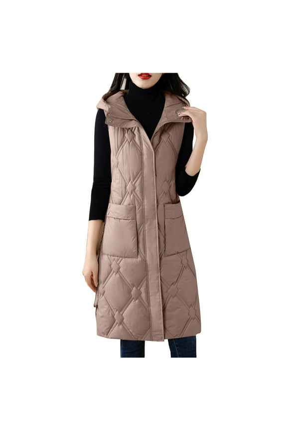Women's Warm Jackets Solid Color Loose Casual Outerwear Ladies Jackets Fall Winter Sleeveless Hooded Neck Stitching Zipper Plush Mid Length Waistcoat