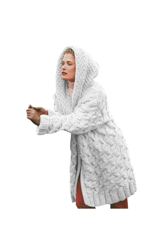 Women's Warm Sweatshirt Solid Color Loose Casual Outerwear Ladies Jackets Fall Winter Long Sleeve Hooded Neck Knitted Trendy Dough Twists Mid Lengt Sweater Coat