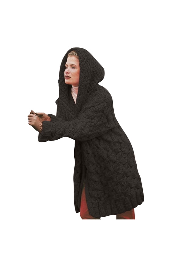 Women's Warm Sweatshirt Solid Color Loose Casual Outerwear Ladies Jackets Fall Winter Long Sleeve Hooded Neck Knitted Trendy Dough Twists Mid Lengt Sweater Coat