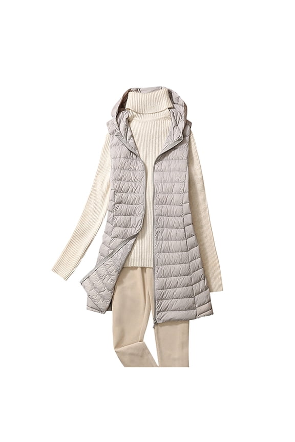 Women's Warm Vest Solid Color Sleeveless Hooded Neck Mid Long Padded Tank Coat Plus Size Loose Casual Outerwear Ladies Soft Jackets Fall Winter Fashion 2024