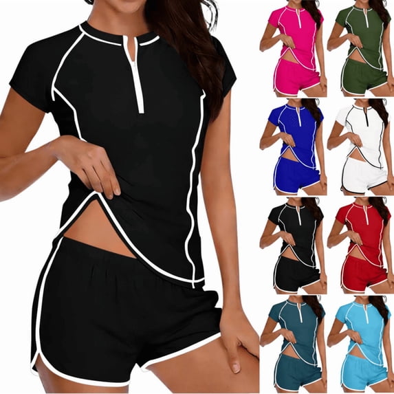 SuDongPo Womens 2 Piece Rash Guard Short Sleeve Swimsuit Half Zip Swim Shirts Built in Bra with Boyshorts Bottom Surfing Bathing Suits