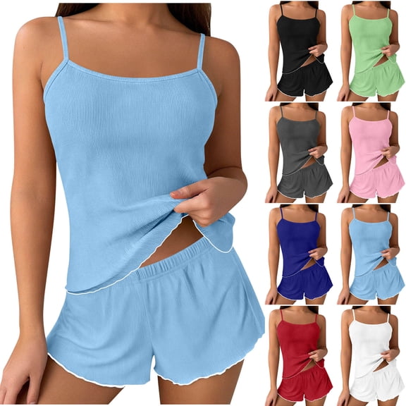 SuDongPo Womens Cami Pajama Sets Summer Casual 2 Piece Ribbed Knit PJs Soft Sleeveless Tank Top and Shorts Camisole Lounge Set