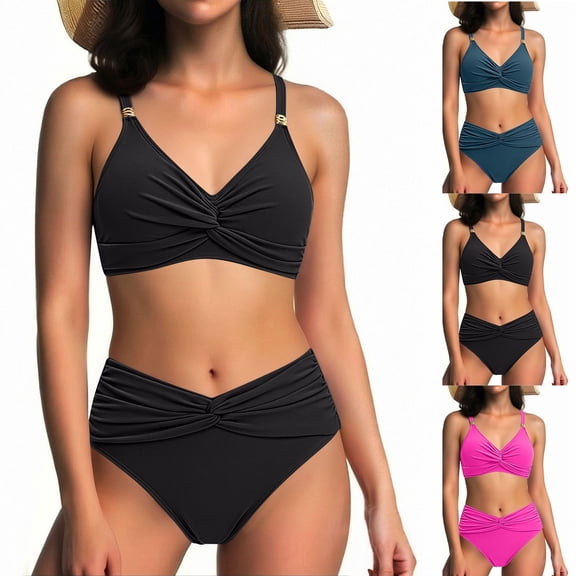 SuDongPo Womens High Waisted Bikini Sets Matel Tummy Control Swimsuits V Neck Twist Knot Front Adjustable Straps Bathing Suits