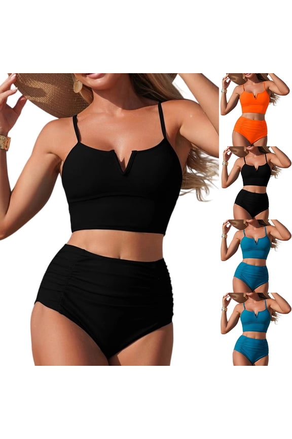 Womens High Waisted Bikini Sets Ruched Two Piece Swimsuit Tummy Control Bathing Suit V-Wired Adjustable Straps Swimwear