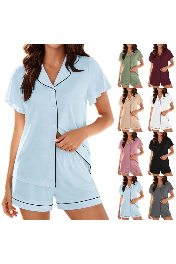 Womens Pajamas Set Button Up Pjs Short Sleeve Ruffle Sleepwear Notch Collar Bride Soft Pj Lounge Sets