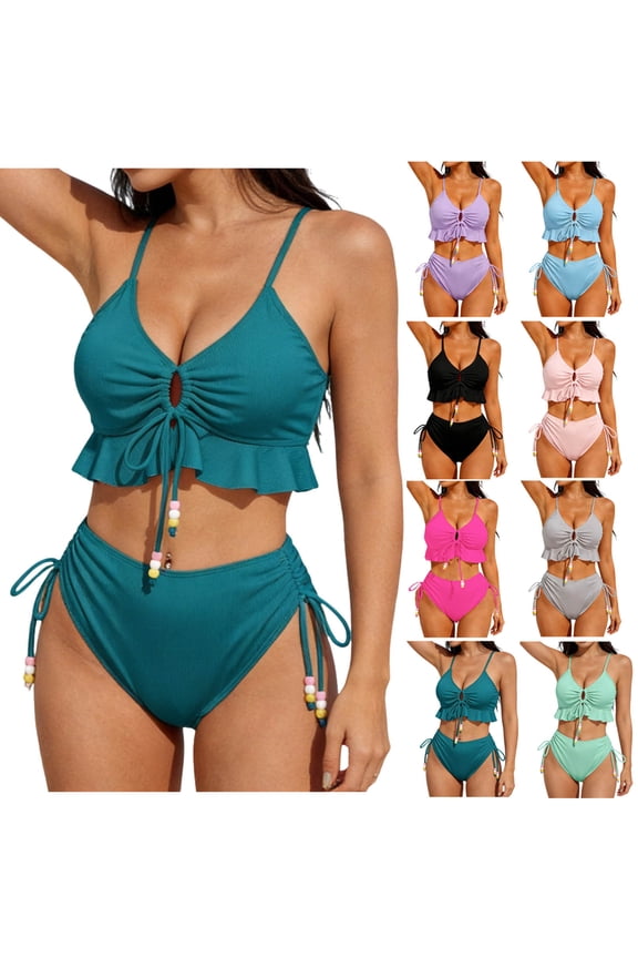 Womens Ruffled Bikini Sets Drawstring Ruched Tummy Control Summer Swimsuit High Waisted Cutout V-Neck Two Piece Bathing Suit