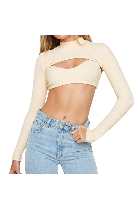 Womens Top Long Sleeve Crewneck Shirt Front Cut Out Basic Crop Top Fit Slim Textured Fashion Trendy Blouses