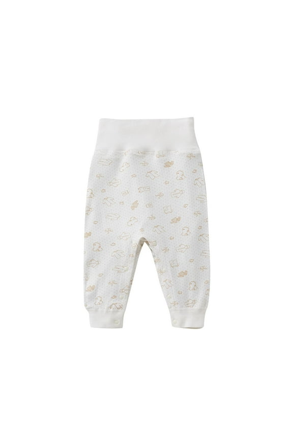 Baby Cozy Trousers Leisure High Waisted Printed Pure Cotton Snap Fit Belly Protection Pants Comfortable Safety Fabric Wearing(White,1.5-2 Years)