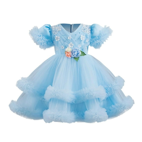 SuTry Baby Girls' Princess Dress 2025 Trendy Flying Sleeves Back Zipper Flower Prints Dress Soid Color Fits Special for Semi Formal(Blue#4,1 Years)