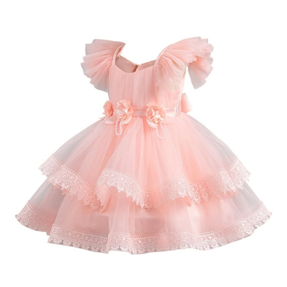 SuTry Baby Girls' Princess Dress 2025 Trendy Flying Sleeves Back Zipper Flower Prints Dress Soid Color Fits Special for Semi Formal(Pink#7,2 Years)