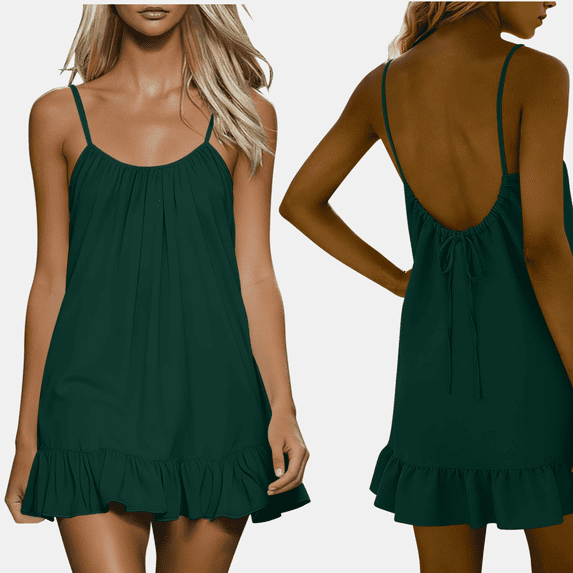 SuTry Backless Cami Dress for Women Short Mini Backless Dress Sleeveless Cami Ruffle Flowy Dress Above Knee House Dress