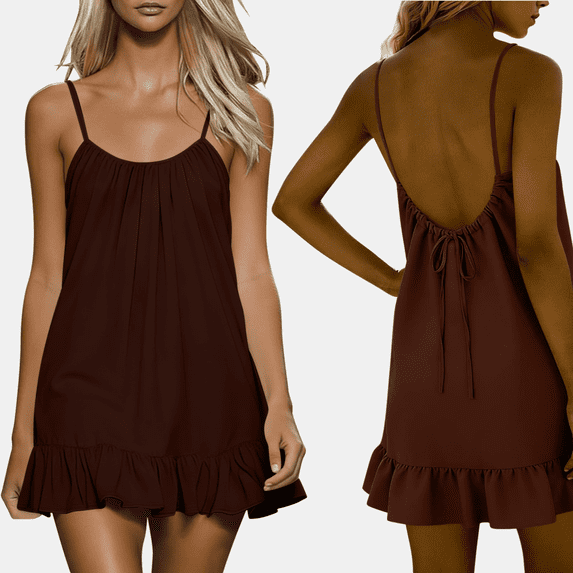SuTry Backless Cami Dress for Women Short Mini Backless Dress Sleeveless Cami Ruffle Flowy Dress Above Knee House Dress