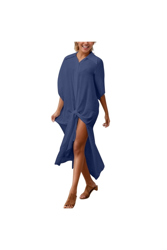 Beach Cover Up for Women Button Down Shirt Dress Front Tie Collared Maxi Length Lightweight Swimwear Vacation Pool Cover Up