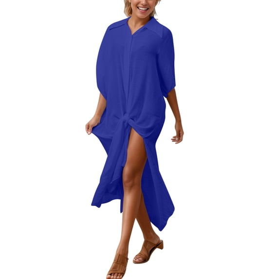 SuTry Beach Cover Up for Women Button Down Shirt Dress Front Tie Collared Maxi Length Lightweight Swimwear Vacation Pool Cover Up