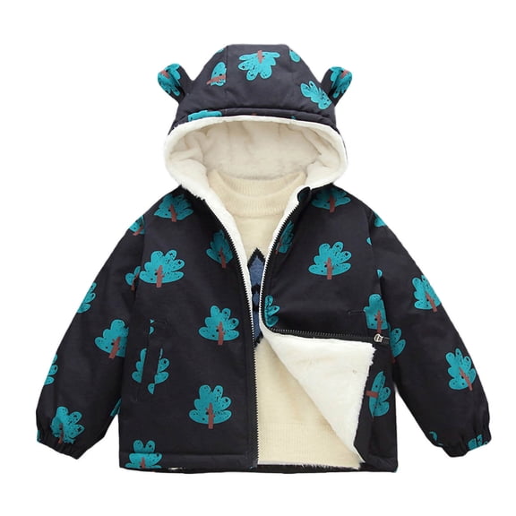 SuTry Boys Fashion Print Jackets Fleece-Lined Winter Jacket Short Hooded Coat with Pockets Warm Outerwear for Kids 2-8 Years(Black,3 Years)