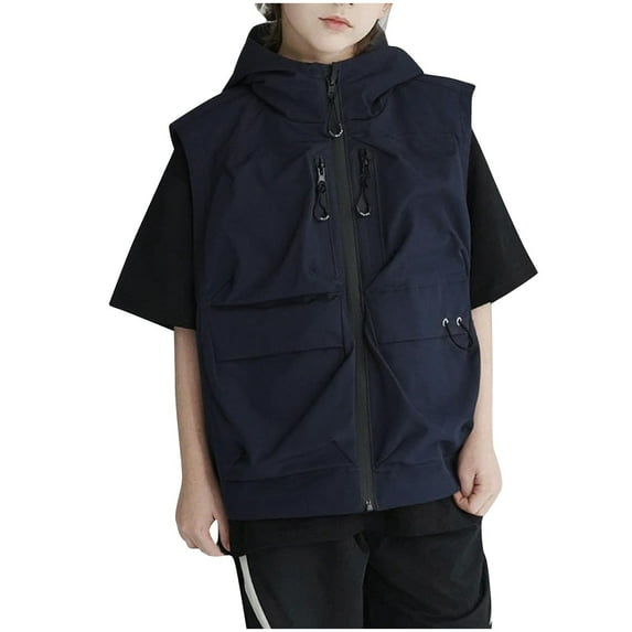 SuTry Boys Girls Hooded Sleeveless Jacket Casual Lightweight Zipper Fall Winter Multi-Pocket Solid Color Outerwear Workwear Vest for Kids 3-15 Years(Navy,9 Years)