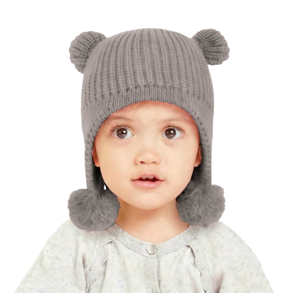 SuTry Boys Girls Knitted Beanie Hat Warm Ear Protection Cute Bear Ears Double Pom Poms Winter Soft Cozy Comfortable Hat(Gray,1-2 Years)