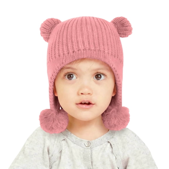 SuTry Boys Girls Knitted Beanie Hat Warm Ear Protection Cute Bear Ears Double Pom Poms Winter Soft Cozy Comfortable Hat(Pink,1-2 Years)