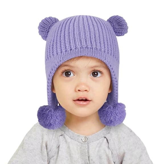 SuTry Boys Girls Knitted Beanie Hat Warm Ear Protection Cute Bear Ears Double Pom Poms Winter Soft Cozy Comfortable Hat(Purple,5-7 Years)