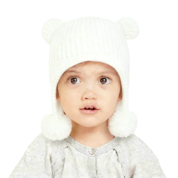 SuTry Boys Girls Knitted Beanie Hat Warm Ear Protection Cute Bear Ears Double Pom Poms Winter Soft Cozy Comfortable Hat(White,5-7 Years)