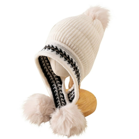 SuTry Boys Girls Knitted Beanie Hat Warm Ear Protection Fashion Double Pom Poms Winter Soft Cozy Comfortable Hat(Beige,Free Size)