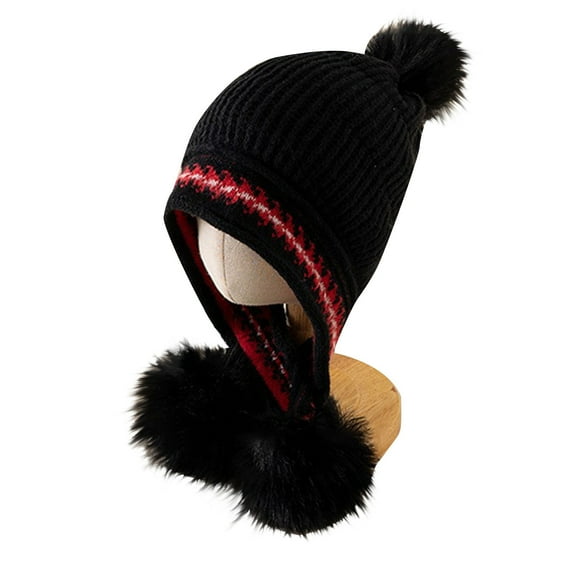 SuTry Boys Girls Knitted Beanie Hat Warm Ear Protection Fashion Double Pom Poms Winter Soft Cozy Comfortable Hat(Black,Free Size)