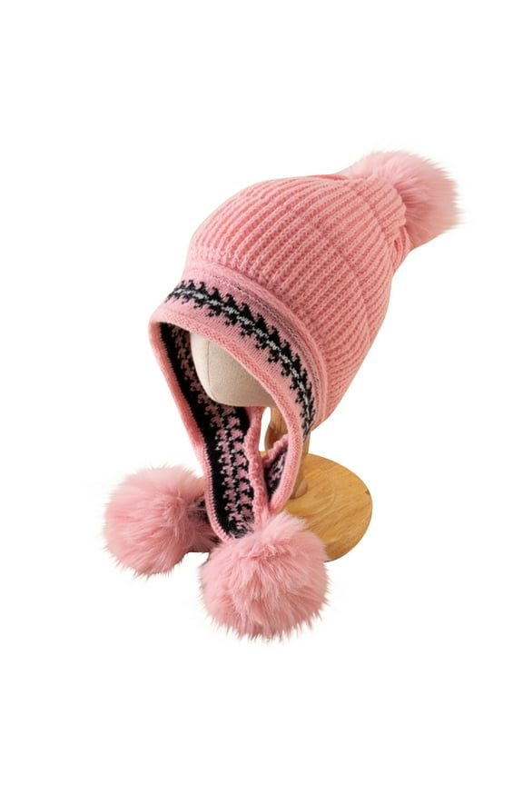 Boys Girls Knitted Beanie Hat Warm Ear Protection Fashion Double Pom Poms Winter Soft Cozy Comfortable Hat(Pink,Free Size)