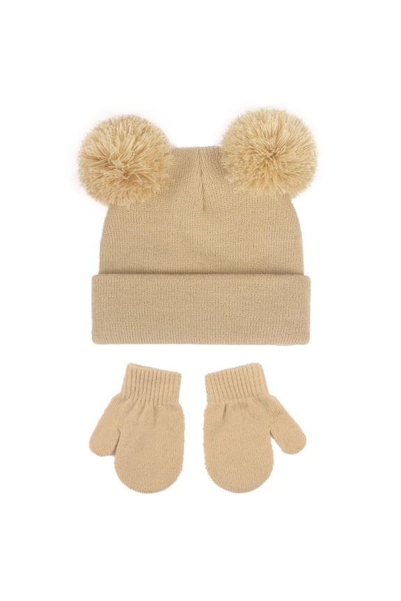 Boys Girls Solid Color Knit Beanie and Gloves Warm Thermal Fall Winter Casual Everyday Stocking Cap for Kids(Khaki,3-8 Years)