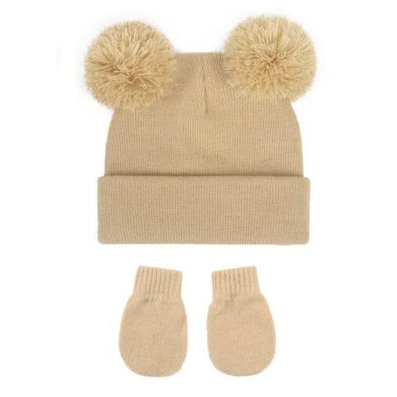 SuTry Boys Girls Solid Color Knit Beanie and Gloves Warm Thermal Fall Winter Casual Everyday Stocking Cap for Kids(Khaki,6-36 Months)