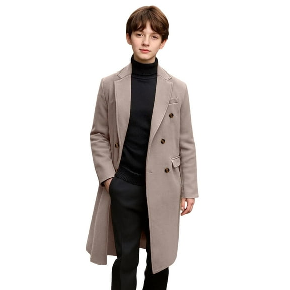 SuTry Boys Solid Color Long Wool Coat Lapel Button Outerwear with Pockets Fall Winter Vacation Casual Wear for Kids 5-14 Years(Beige#1,13 Years)