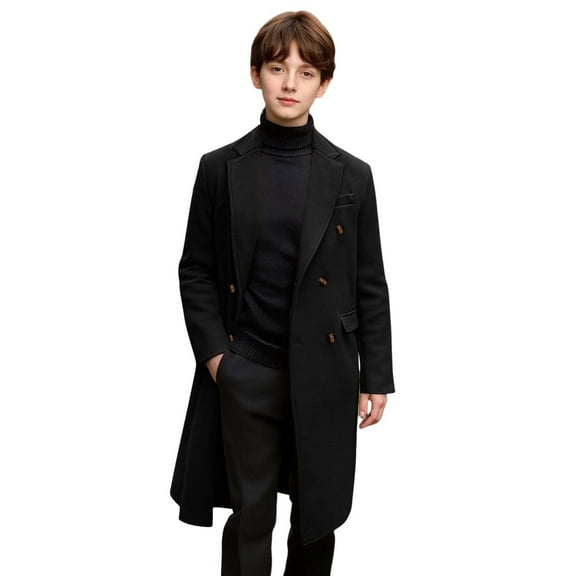 SuTry Boys Solid Color Long Wool Coat Lapel Button Outerwear with Pockets Fall Winter Vacation Casual Wear for Kids 5-14 Years(Black#1,9 Years)