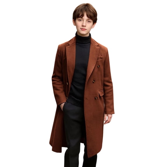 SuTry Boys Solid Color Long Wool Coat Lapel Button Outerwear with Pockets Fall Winter Vacation Casual Wear for Kids 5-14 Years(Coffee#1,12 Years)