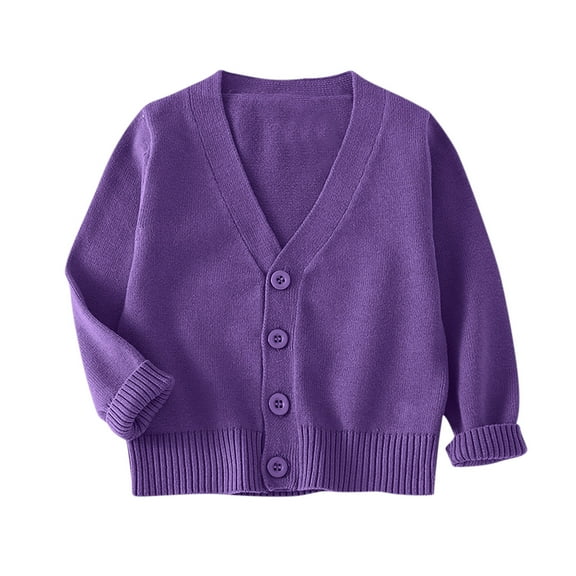 SuTry Children's Cardigan Solid Color Long Sleeved Fleece Knitted V Neck Sweater for Kids Versatile Matching Cold Days Outdoor Wear(Purple,2-3 Years)