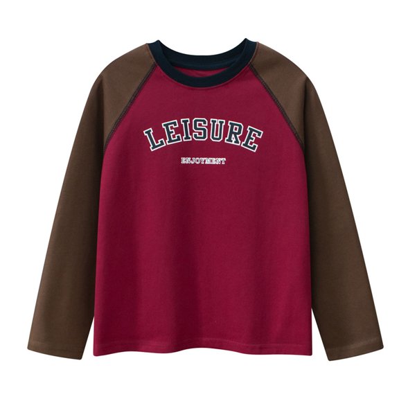 SuTry Children's Color Block T-Shirt Fashion Long Sleeved Round Neck Blouses Fashion for Warmth Suitable Daily Wear Outings(Wine#3,13 Years)