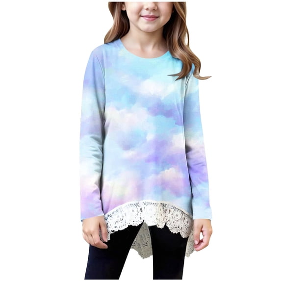 SuTry Children's Gradient Color Long Sleeved Round Neck Casual Sports Top with Irregular Hem Lace for Kids Daily Play Activities(Light blue#1,4-5Years)