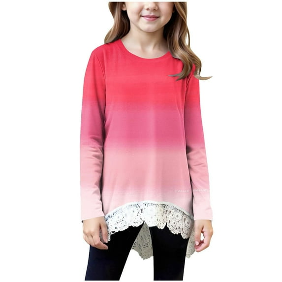 SuTry Children's Gradient Color Long Sleeved Round Neck Casual Sports Top with Irregular Hem Lace for Kids Daily Play Activities(Pink,8-9Years)