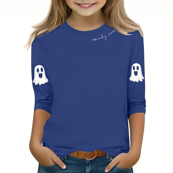 SuTry Children's Halloween Print Tops Three Quarter Sleeve Round Neck Bottom Shirt Top for Kids Festive Outdoor Indoor Blouses(Blue,120)